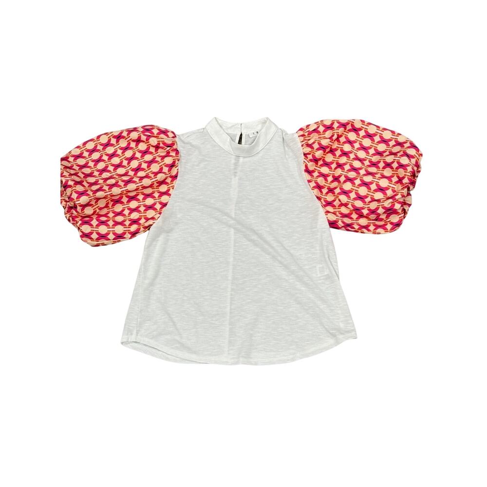 THML White Red Puff Sleeve Mock Neck Mixed Media Blouse Top Size Small